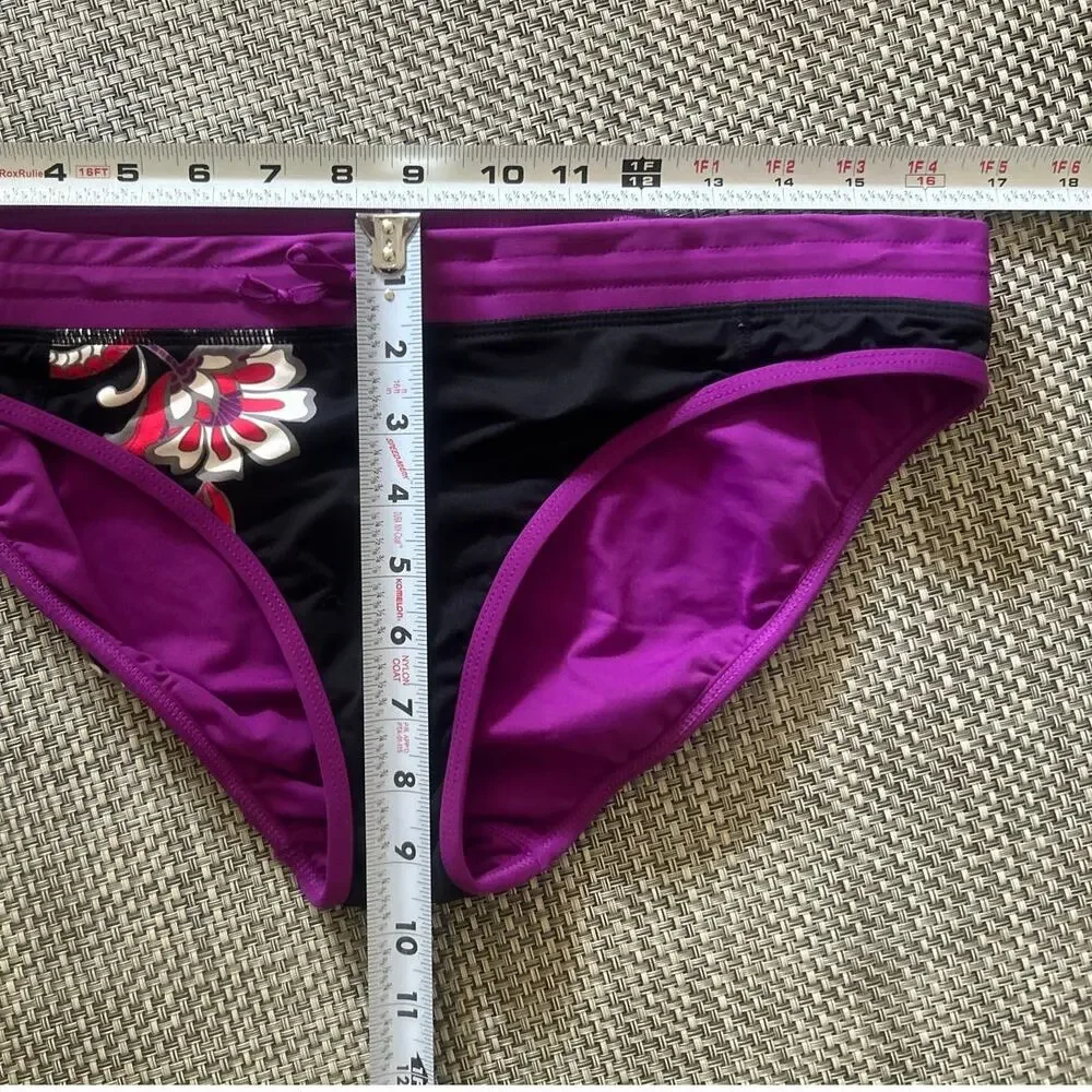 ATHLETA Hawaiian Hipster Bikini Botton Black Purple Hibiscus Tie Front L